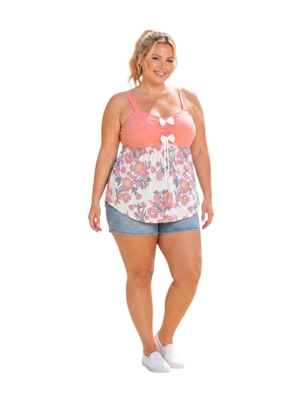 Rosegal 4X US 22 Blush Coral Floral Sheer Babydoll Tunic Tank